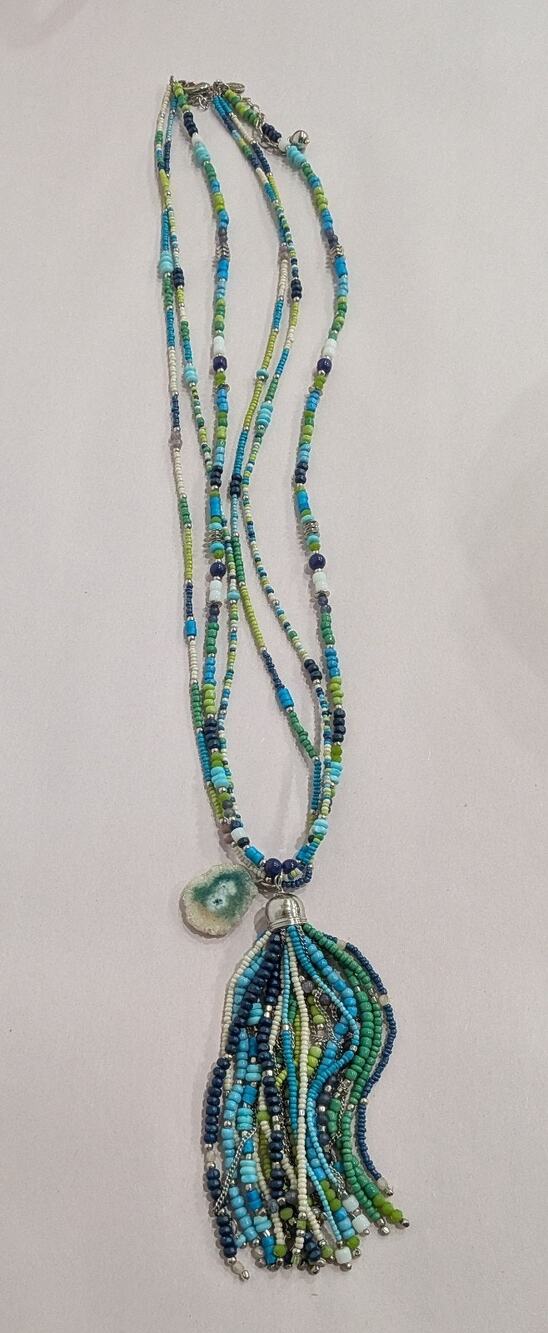 Chico's Beaded Statement Necklace Multi Strand Druzy Agate Tassel Coastal Boho